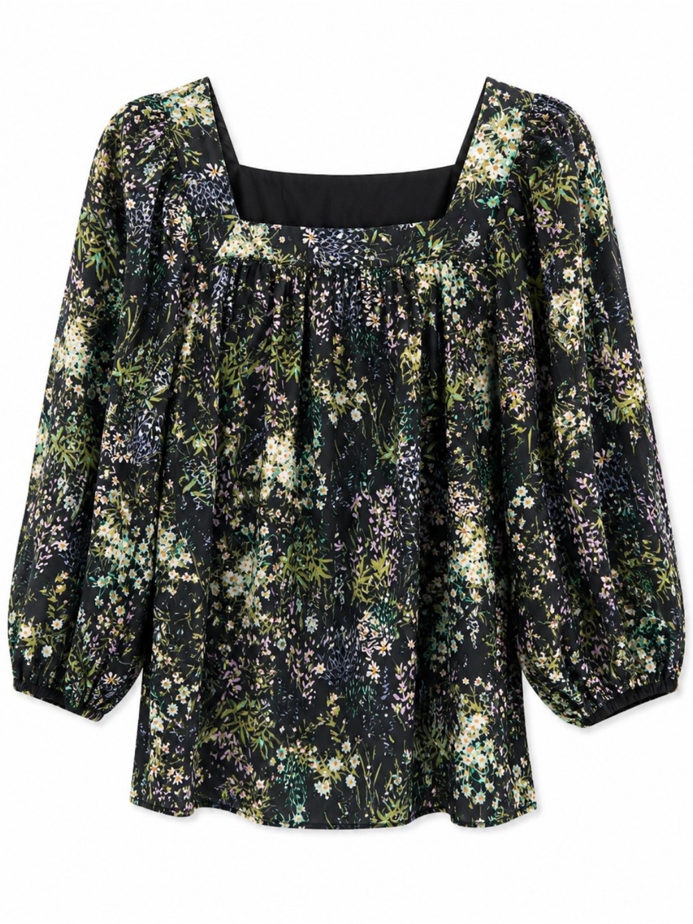 LC Lauren Conrad Dark Gray Floral Square-Neck Puff Sleeve Top